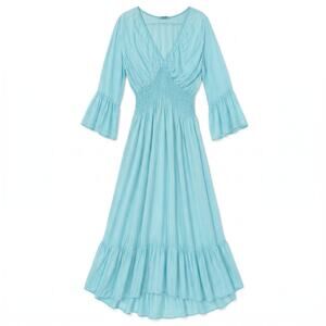 Italian 100% Silk Aqua Mint Smocked Waist Maxi Dress | Balloon Sleeves